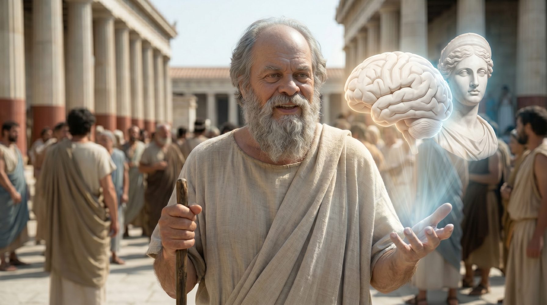 Socrates explaining ideas in an immersive Athens learning space